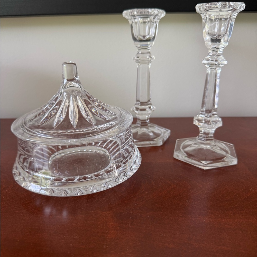 Beautiful vintage glass pieces:‎ canister and two candlestick holders